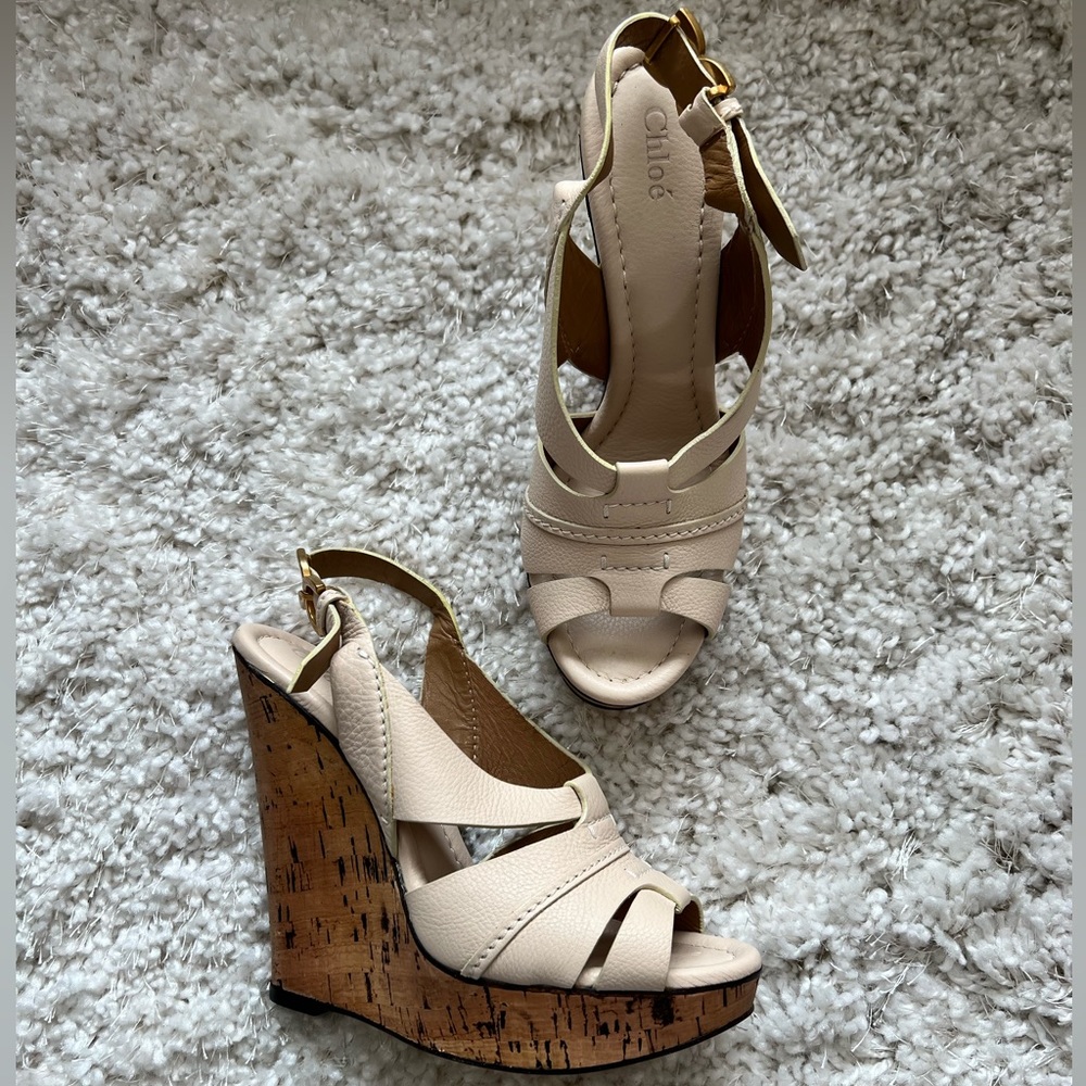 Chloe Creme Renna leather cork platforms